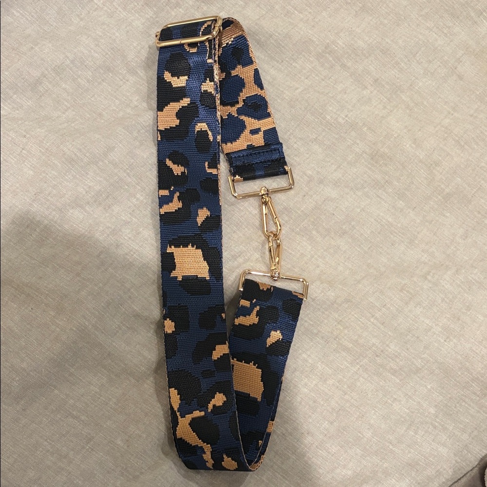 Leopard Print Guitar Purse Strap with Gold Hardware Navy and Gold